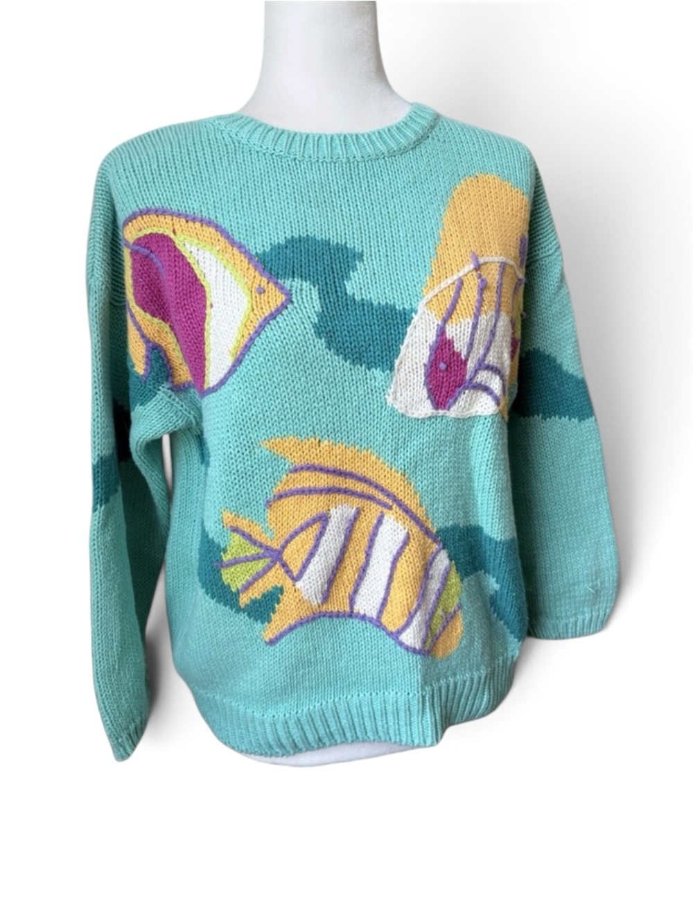Vintage Rebecca Stone Colorful Fish Pattern Knitted Sweater Women’s Size Medium